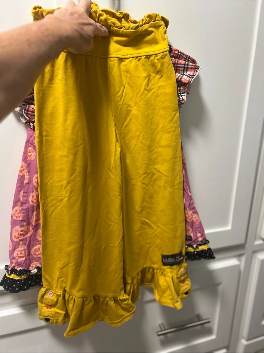 Matilda Jane Pink Jack-O-Jubilee Pumpkin Smocked Top with Yellow Legging 8